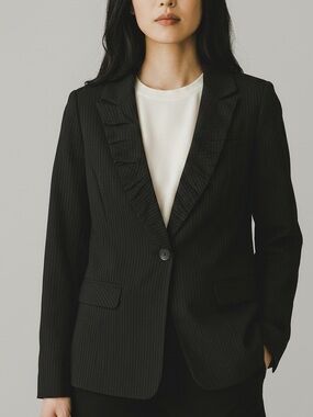 CAbi 601 Ruched Pinstripe Blazer Black Brown One Button 10 Office Siren Career